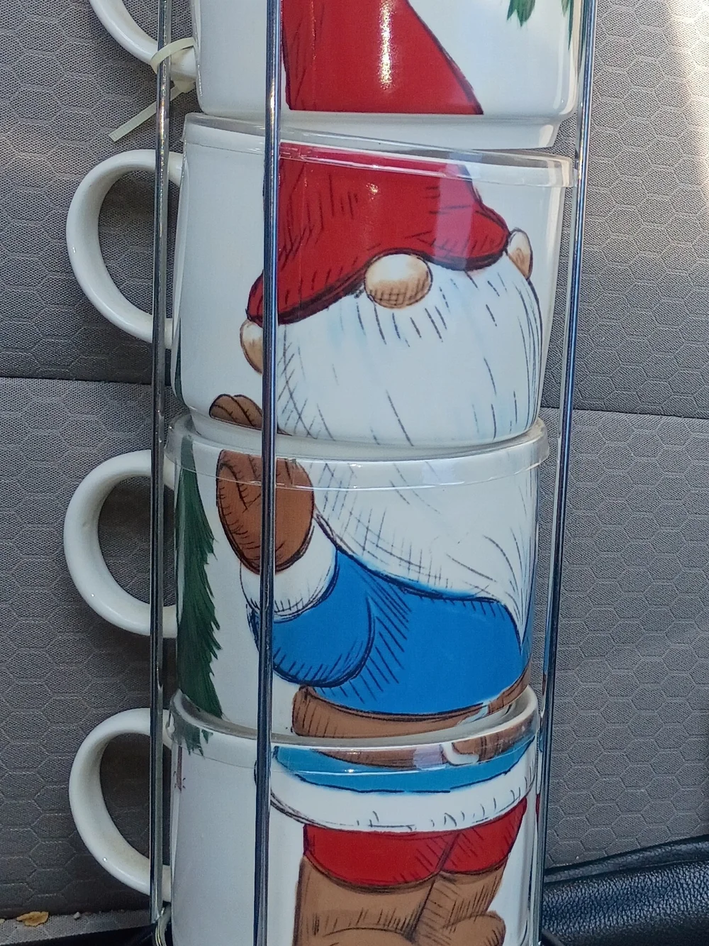 Holiday Gnome Stackable Ceramic Mug Set - Red & Blue With Metal Holder.